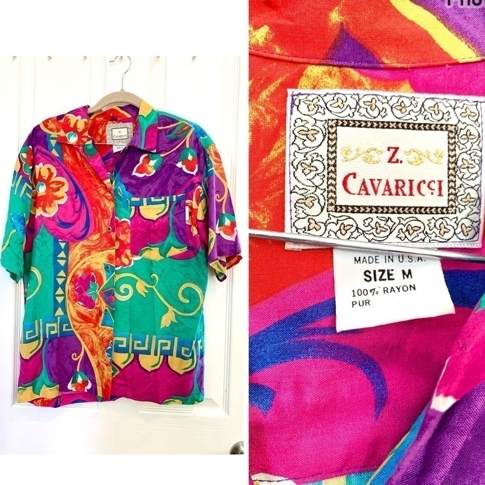 90s Vintage Z Cavaricci floral button up Shirt y2k colorful Short Sleevetop USA